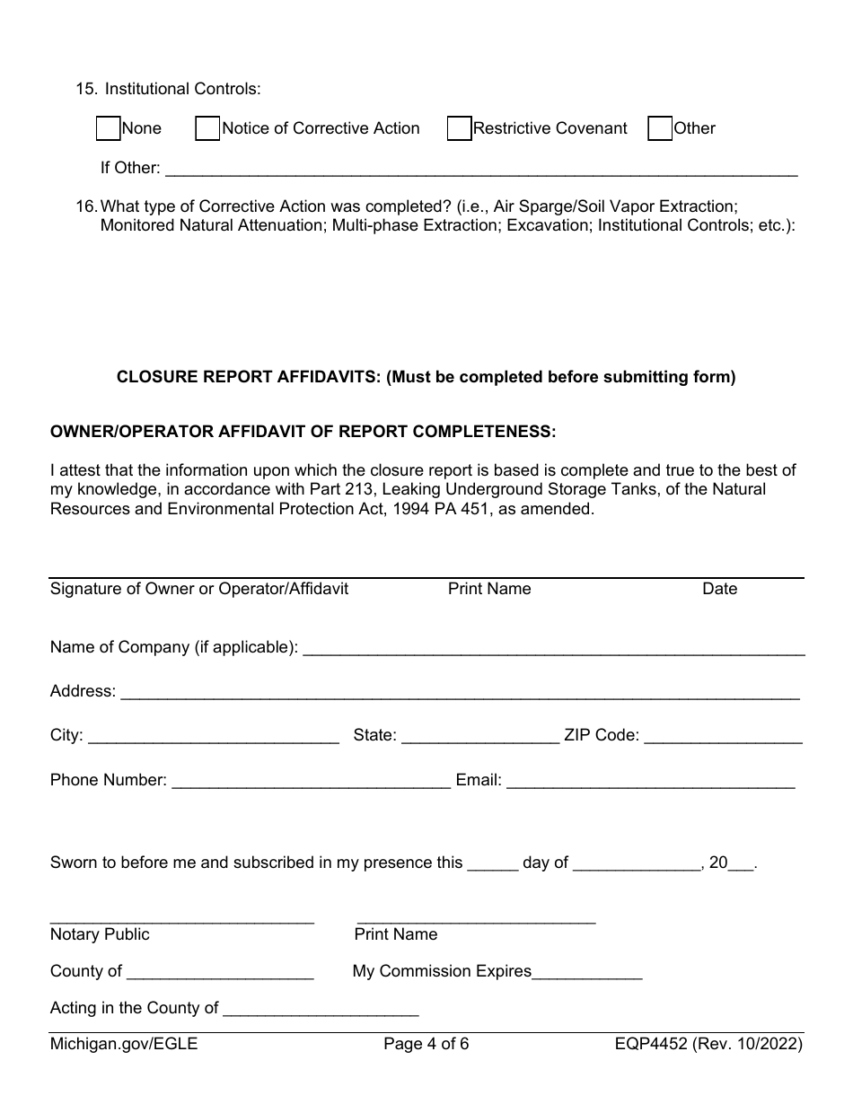 Form EQP4452 Leaking Underground Storage Tank Closure Report Cover Sheet - Michigan, Page 4