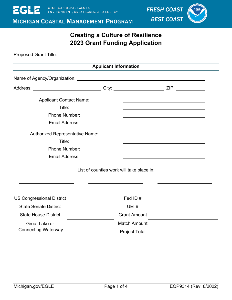 Form EQP9314 Creating a Culture of Resilience Grant Funding Application - Michigan, Page 1