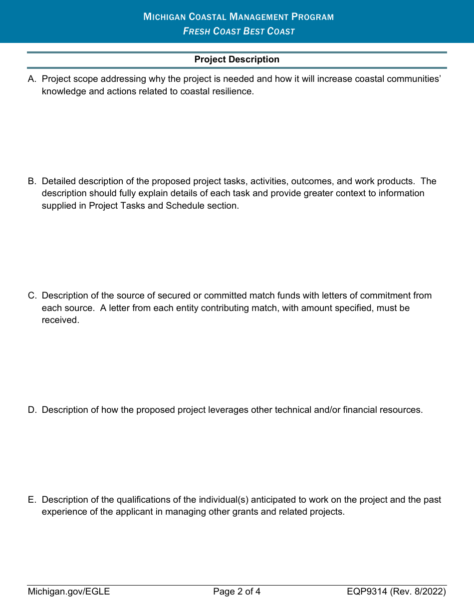Form EQP9314 Creating a Culture of Resilience Grant Funding Application - Michigan, Page 2