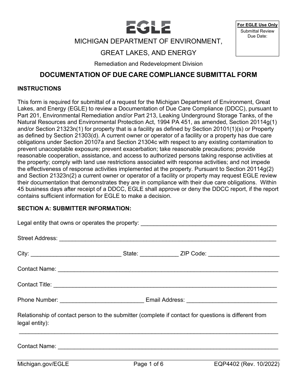 Form EQP4402 Documentation of Due Care Compliance Submittal Form - Michigan, Page 1