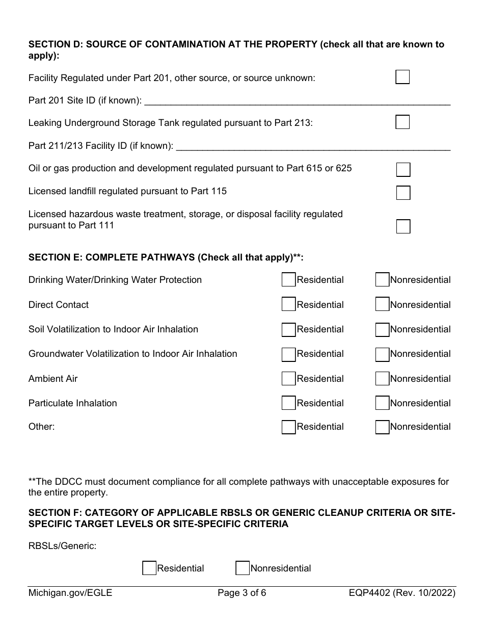 Form EQP4402 Documentation of Due Care Compliance Submittal Form - Michigan, Page 3