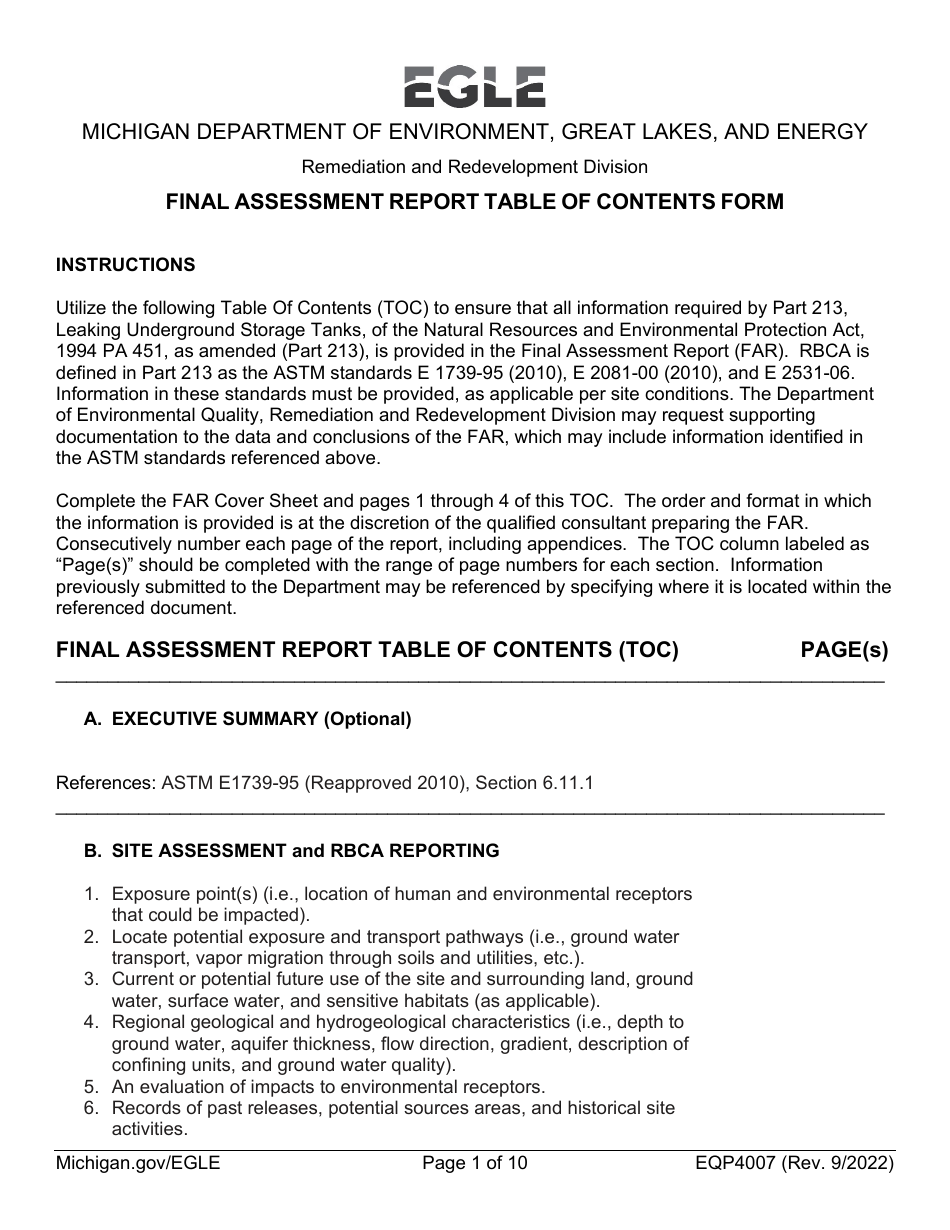 Form EQP4007 Final Assessment Report Table of Contents Form - Michigan, Page 1