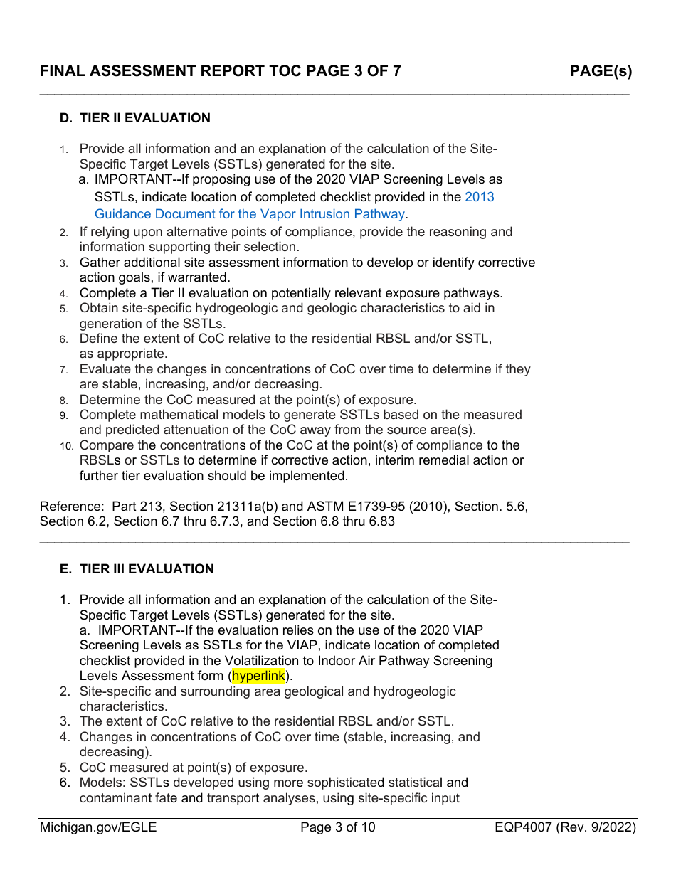 Form EQP4007 Final Assessment Report Table of Contents Form - Michigan, Page 3