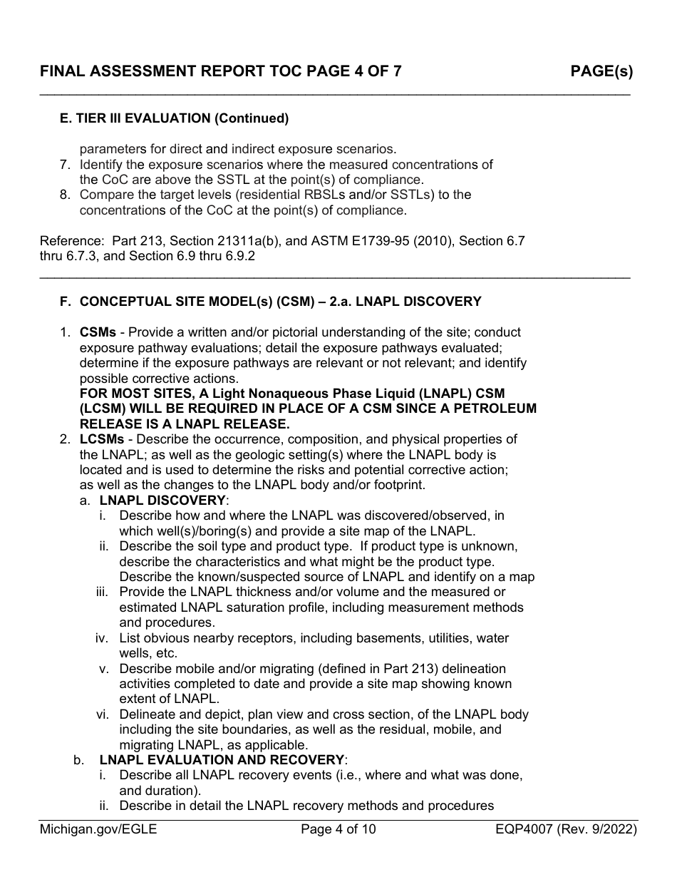 Form EQP4007 Final Assessment Report Table of Contents Form - Michigan, Page 4