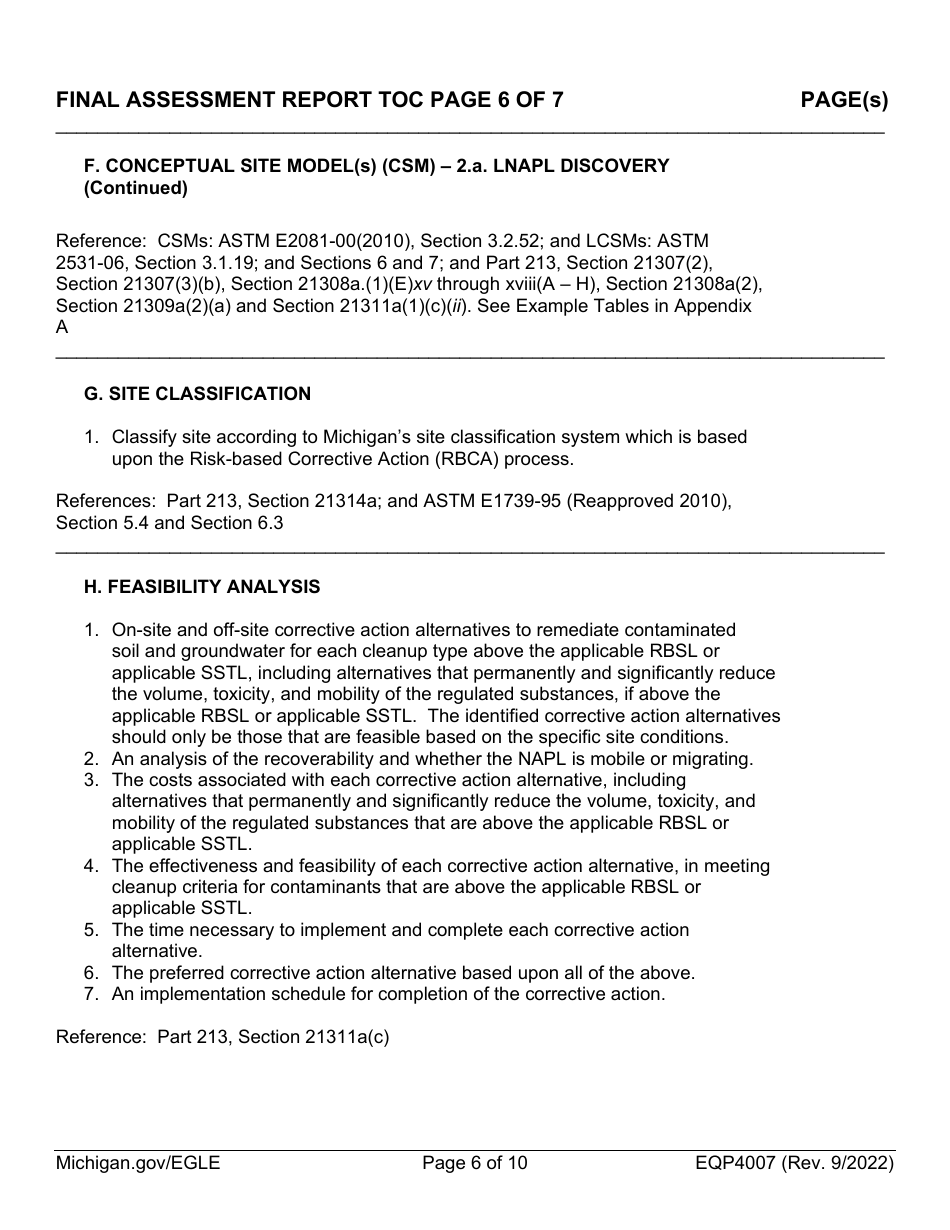 Form EQP4007 Final Assessment Report Table of Contents Form - Michigan, Page 6
