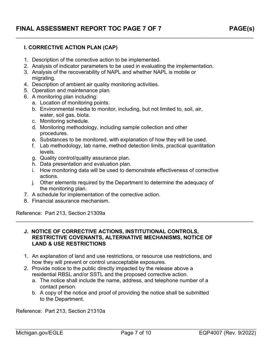 Form EQP4007 Final Assessment Report Table of Contents Form - Michigan, Page 7