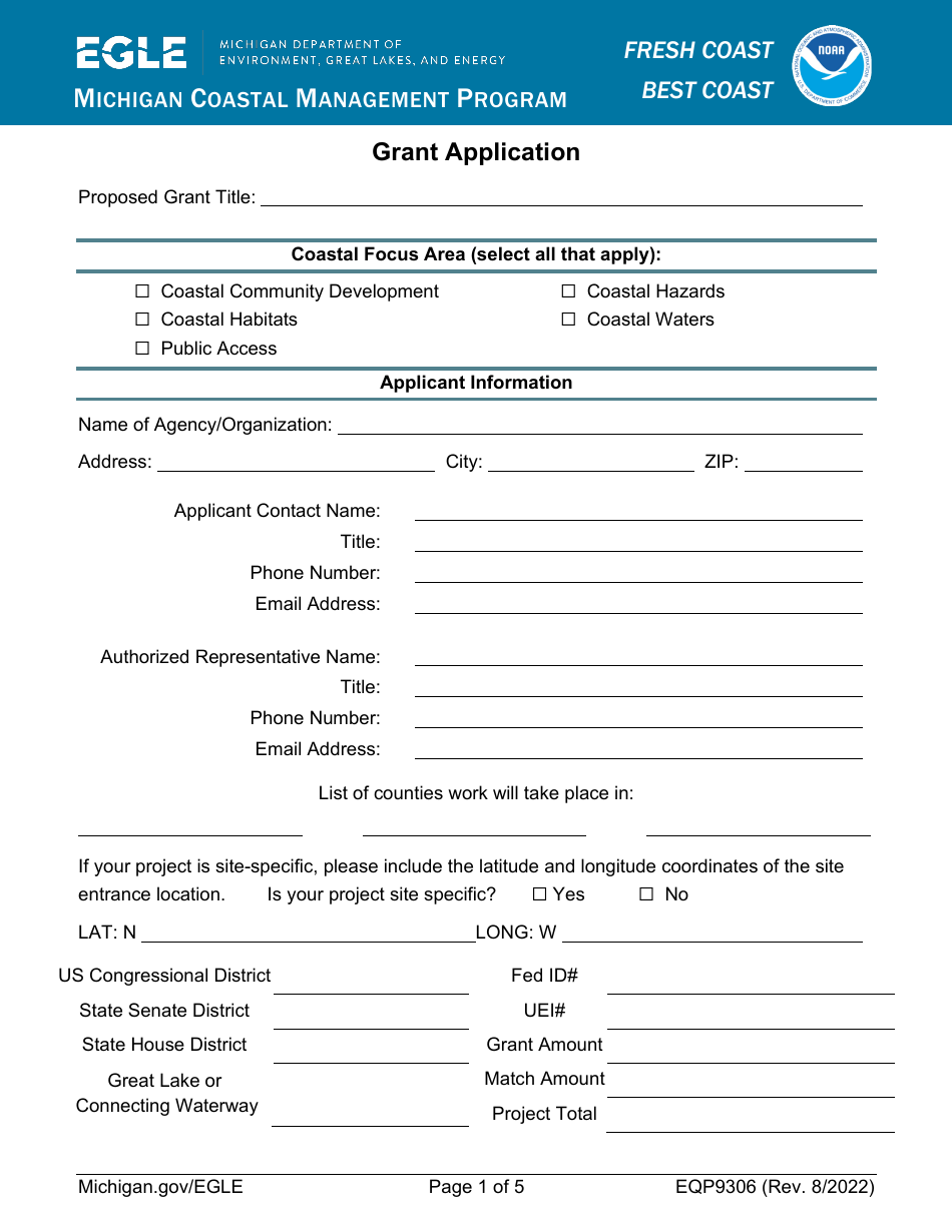 Form EQP9306 Michigan Coastal Management Program Grant Application - Michigan, Page 1