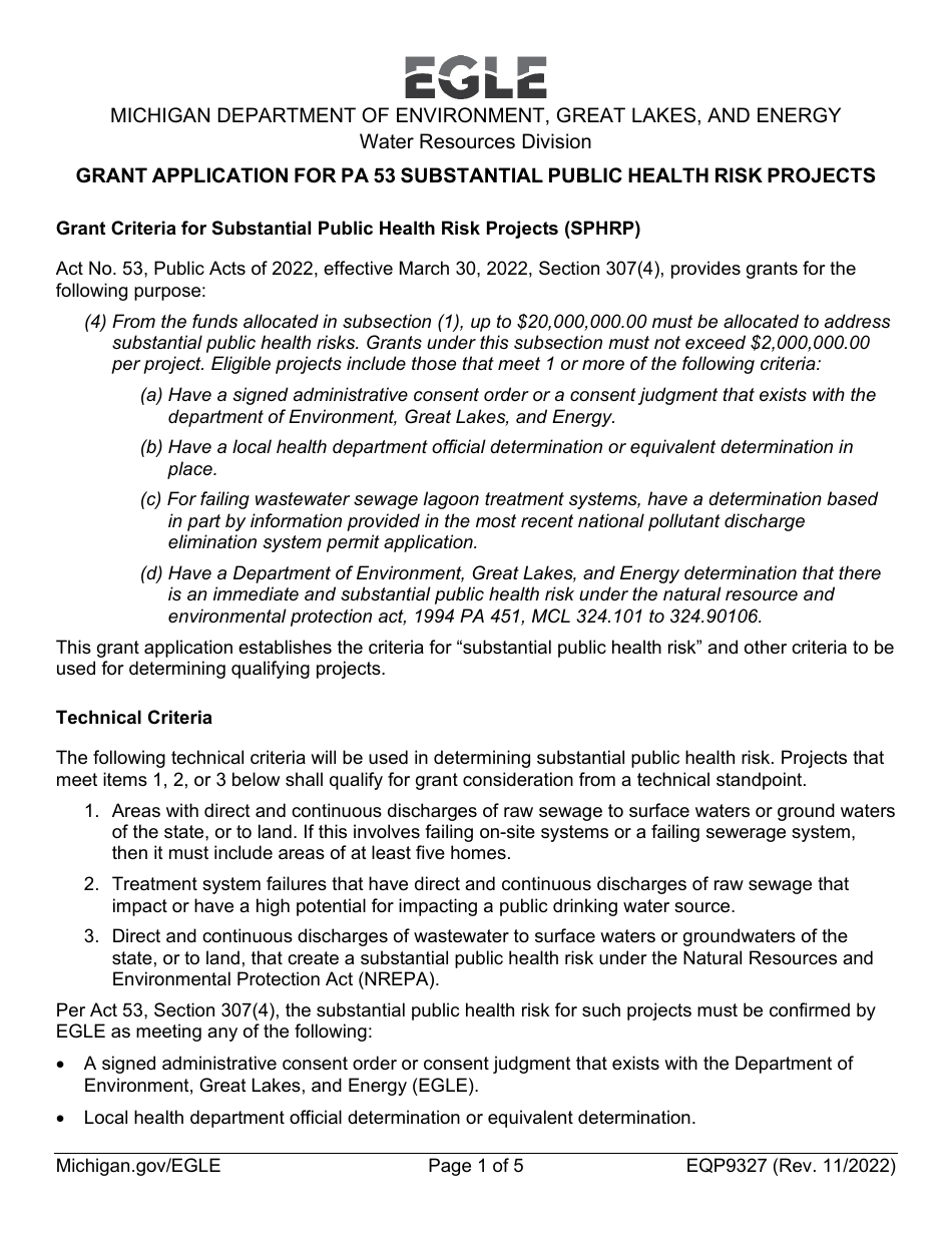 Form EQP9327 Grant Application for Substantial Public Health Risk Projects - Michigan, Page 1