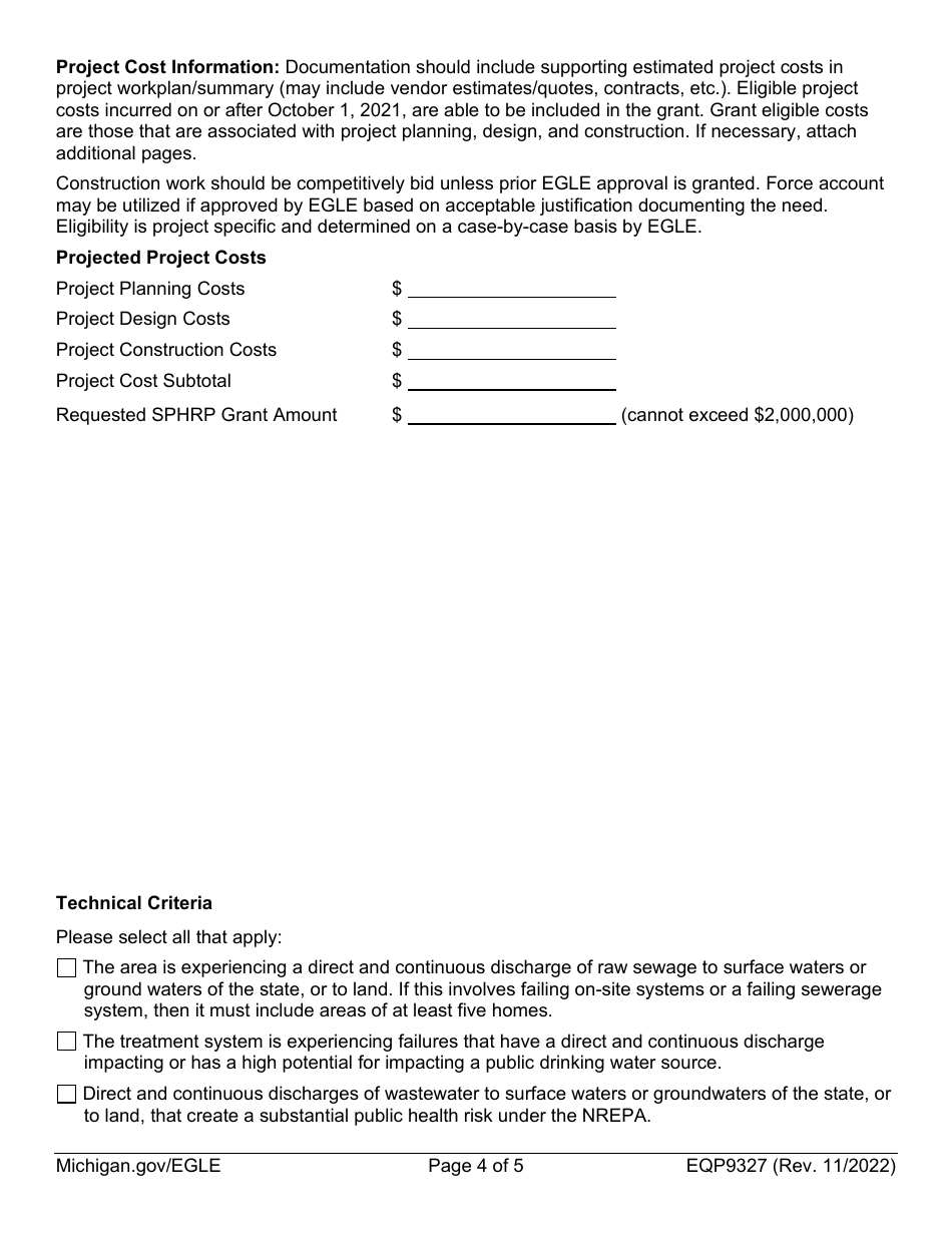 Form EQP9327 Grant Application for Substantial Public Health Risk Projects - Michigan, Page 4