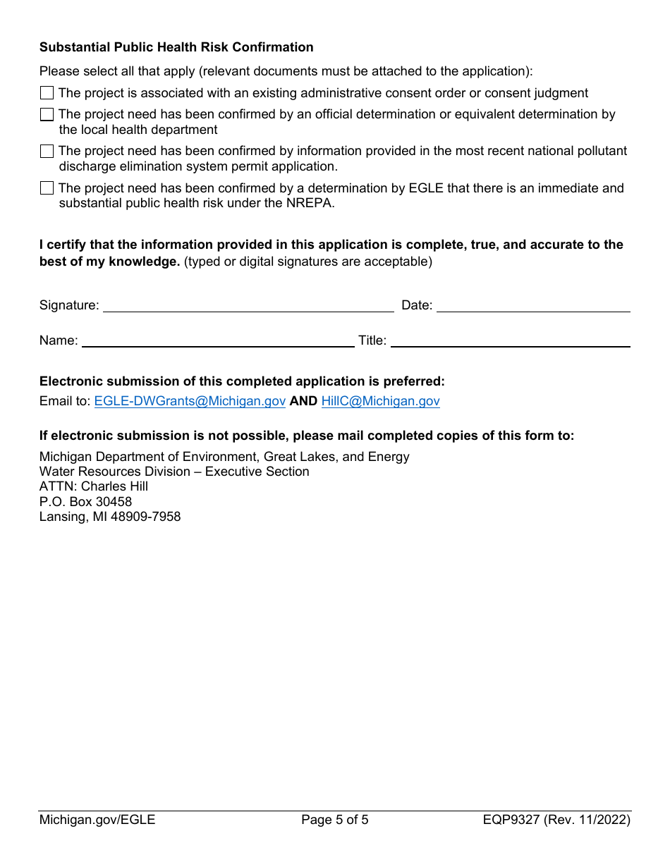 Form EQP9327 Grant Application for Substantial Public Health Risk Projects - Michigan, Page 5