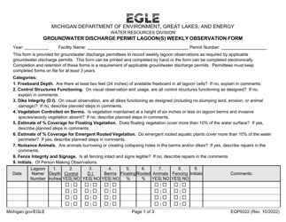 Document preview: Form EQP9322 Groundwater Discharge Permit Lagoon(S) Weekly Observation Form - Michigan