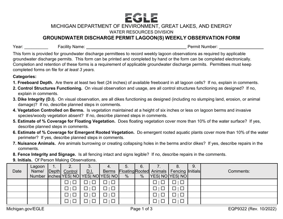 Form EQP9322 Groundwater Discharge Permit Lagoon(S) Weekly Observation Form - Michigan, Page 1