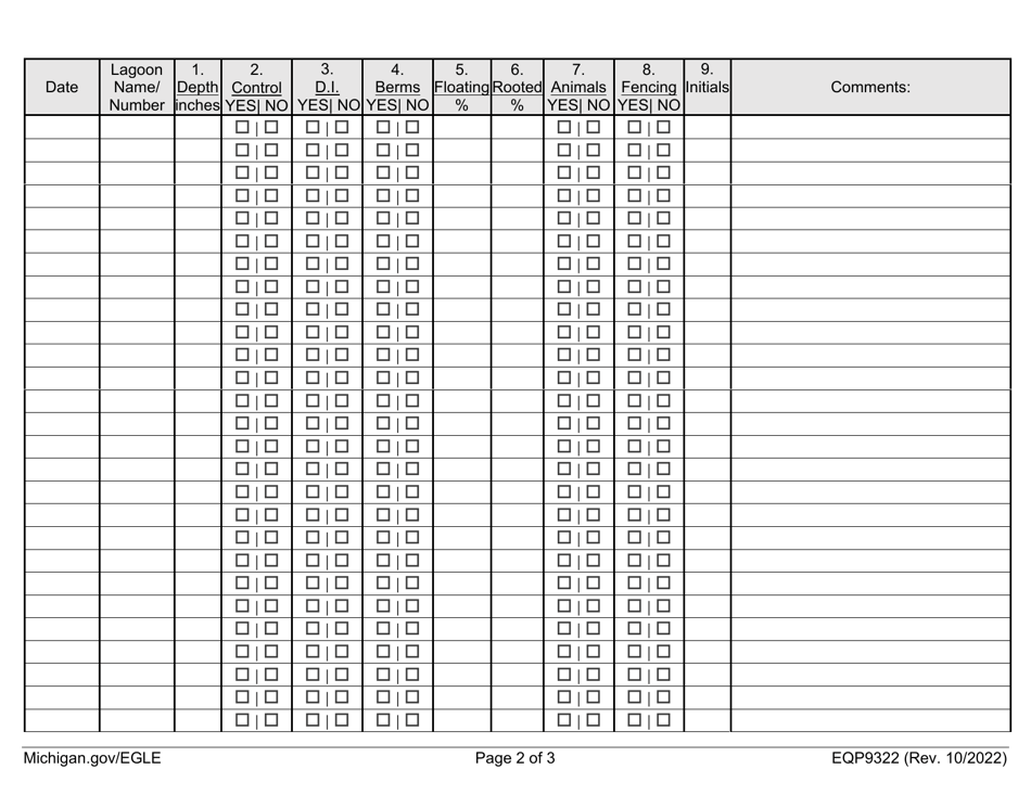 Form EQP9322 Groundwater Discharge Permit Lagoon(S) Weekly Observation Form - Michigan, Page 2