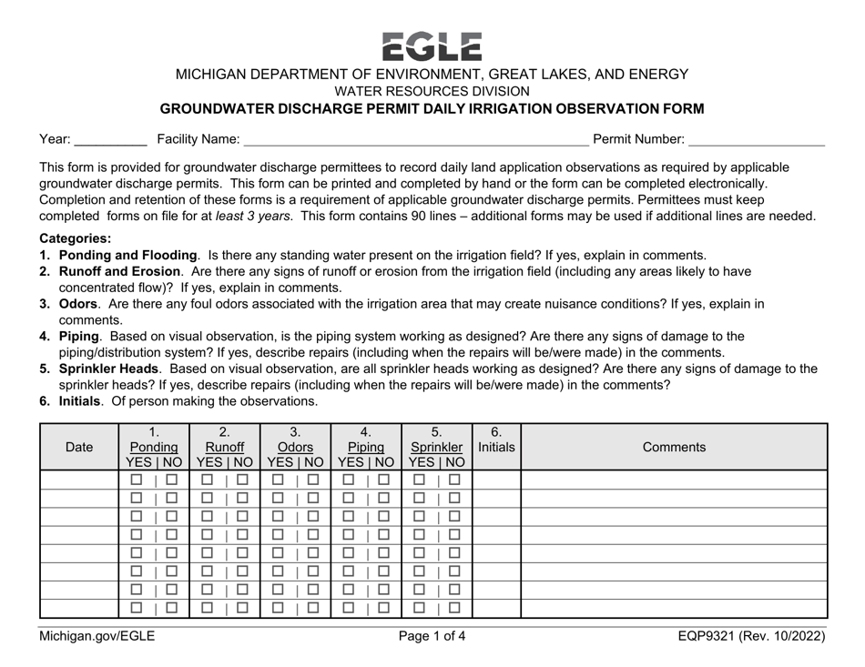 Form EQP9321 Groundwater Discharge Permit Daily Irrigation Observation Form - Michigan, Page 1