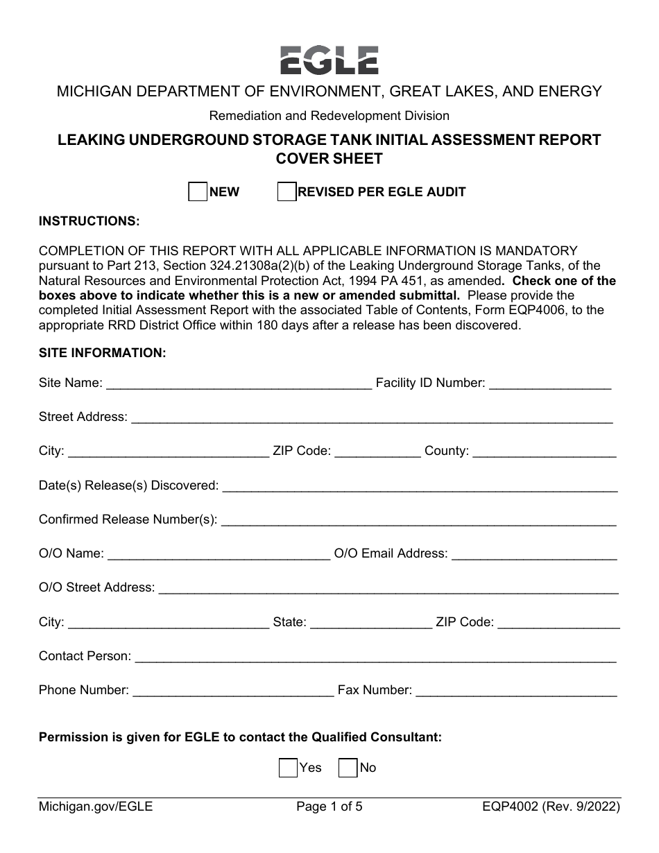Form EQP4002 Leaking Underground Storage Tank Initial Assessment Report Cover Sheet - Michigan, Page 1