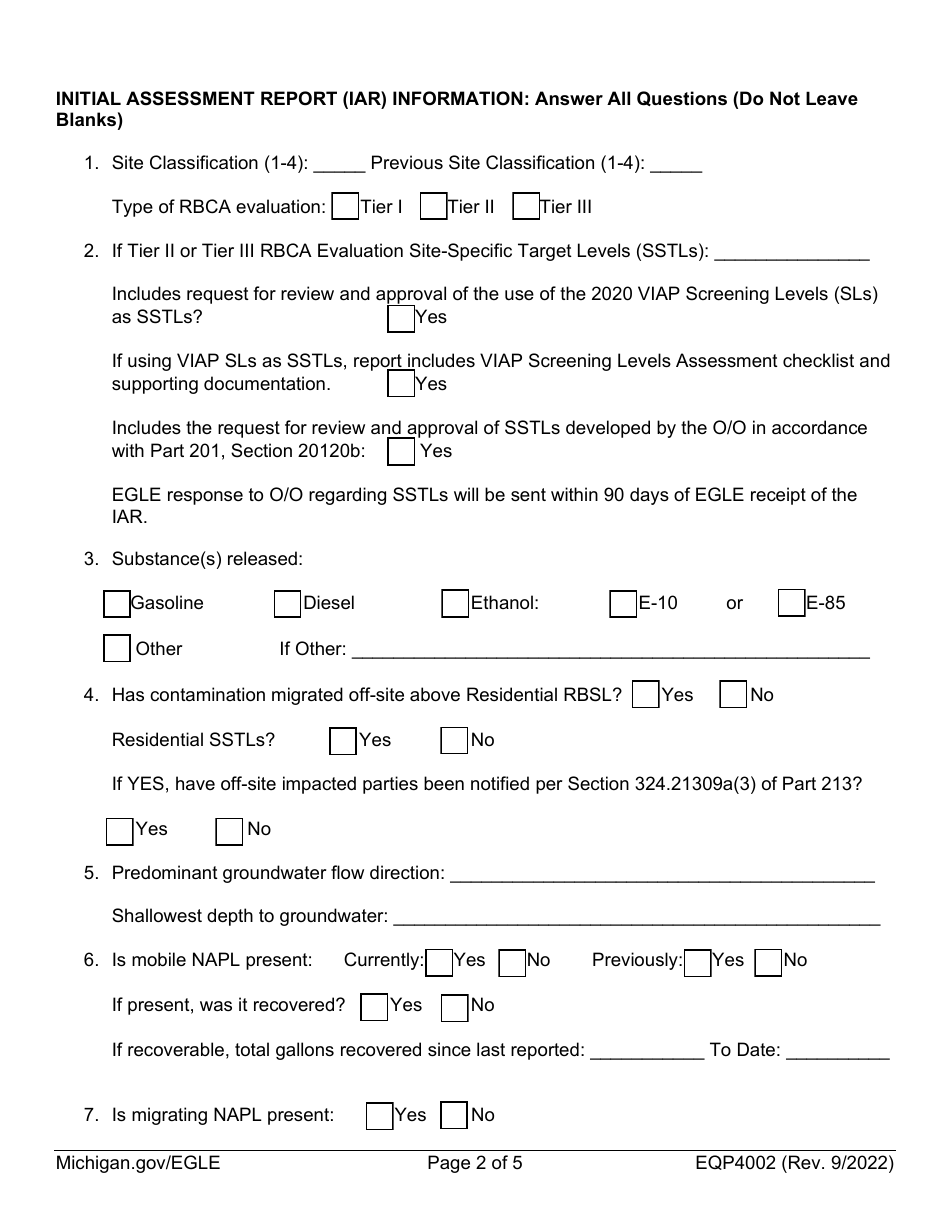 Form EQP4002 Leaking Underground Storage Tank Initial Assessment Report Cover Sheet - Michigan, Page 2