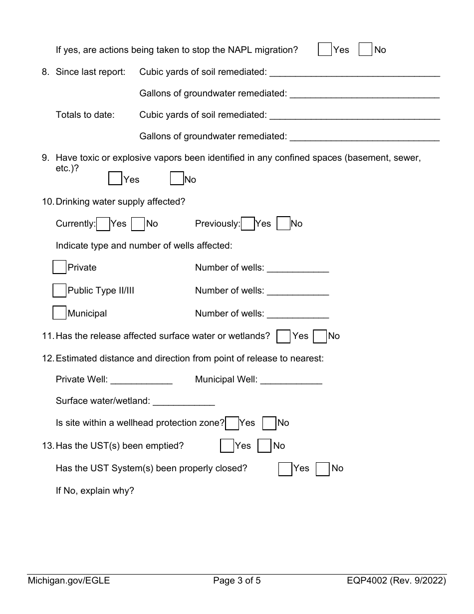 Form EQP4002 Leaking Underground Storage Tank Initial Assessment Report Cover Sheet - Michigan, Page 3