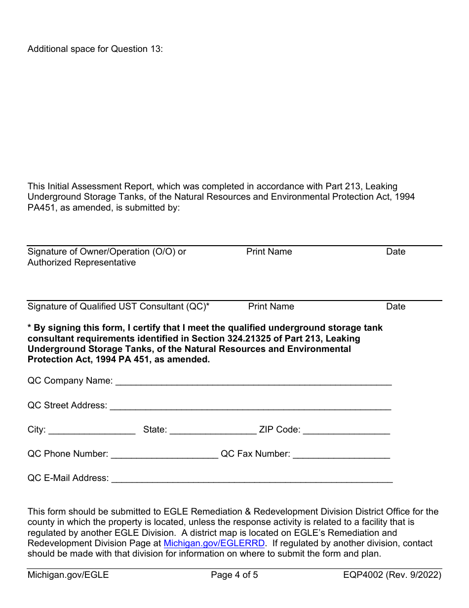 Form EQP4002 Leaking Underground Storage Tank Initial Assessment Report Cover Sheet - Michigan, Page 4
