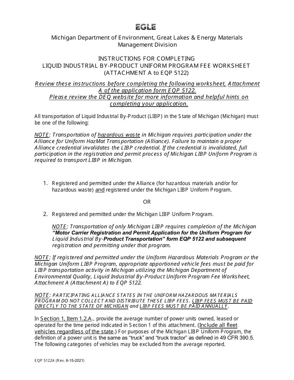 Form EQP5122A Attachment A Liquid Industrial by-Product Uniform Program Fee Worksheet - Michigan, Page 1