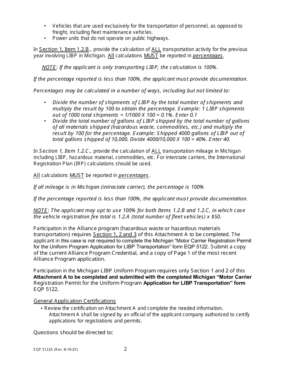 Form EQP5122A Attachment A Liquid Industrial by-Product Uniform Program Fee Worksheet - Michigan, Page 2