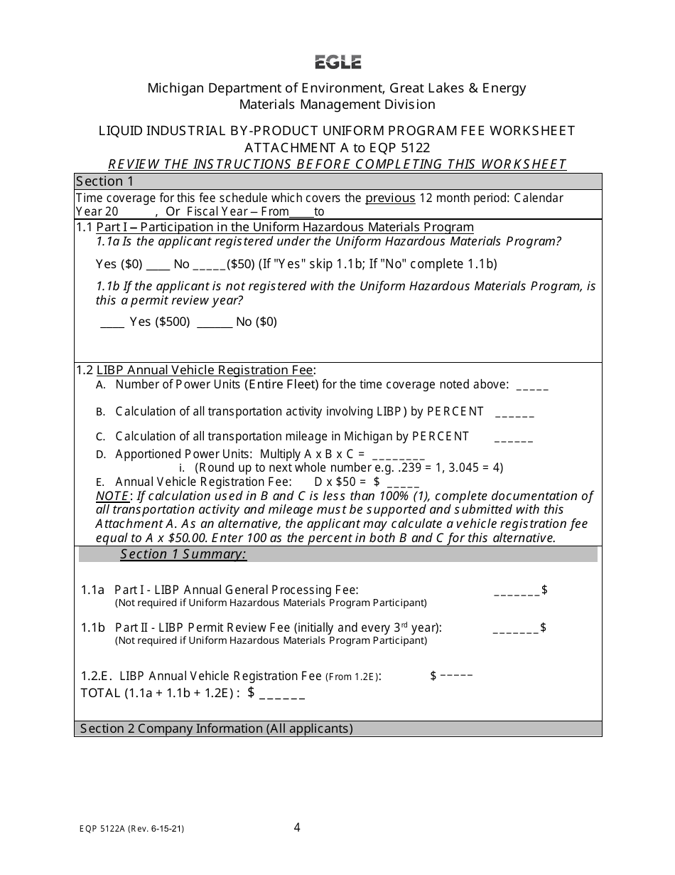 Form EQP5122A Attachment A Liquid Industrial by-Product Uniform Program Fee Worksheet - Michigan, Page 4