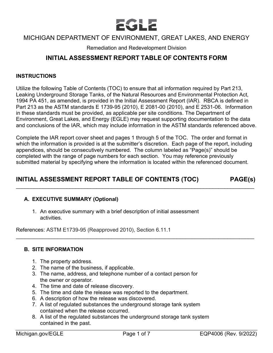 Form EQP4006 Initial Assessment Report Table of Contents Form - Michigan, Page 1