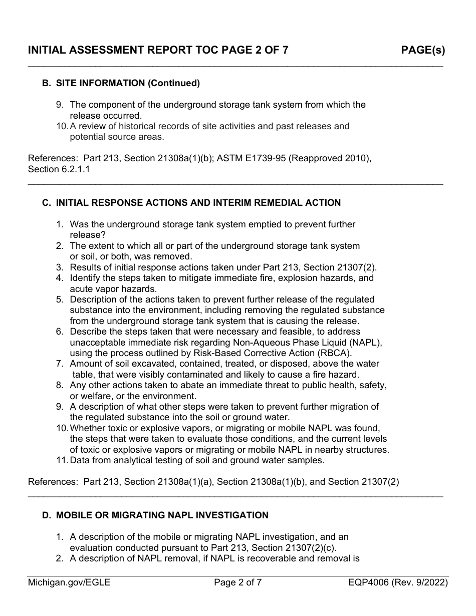 Form EQP4006 Initial Assessment Report Table of Contents Form - Michigan, Page 2