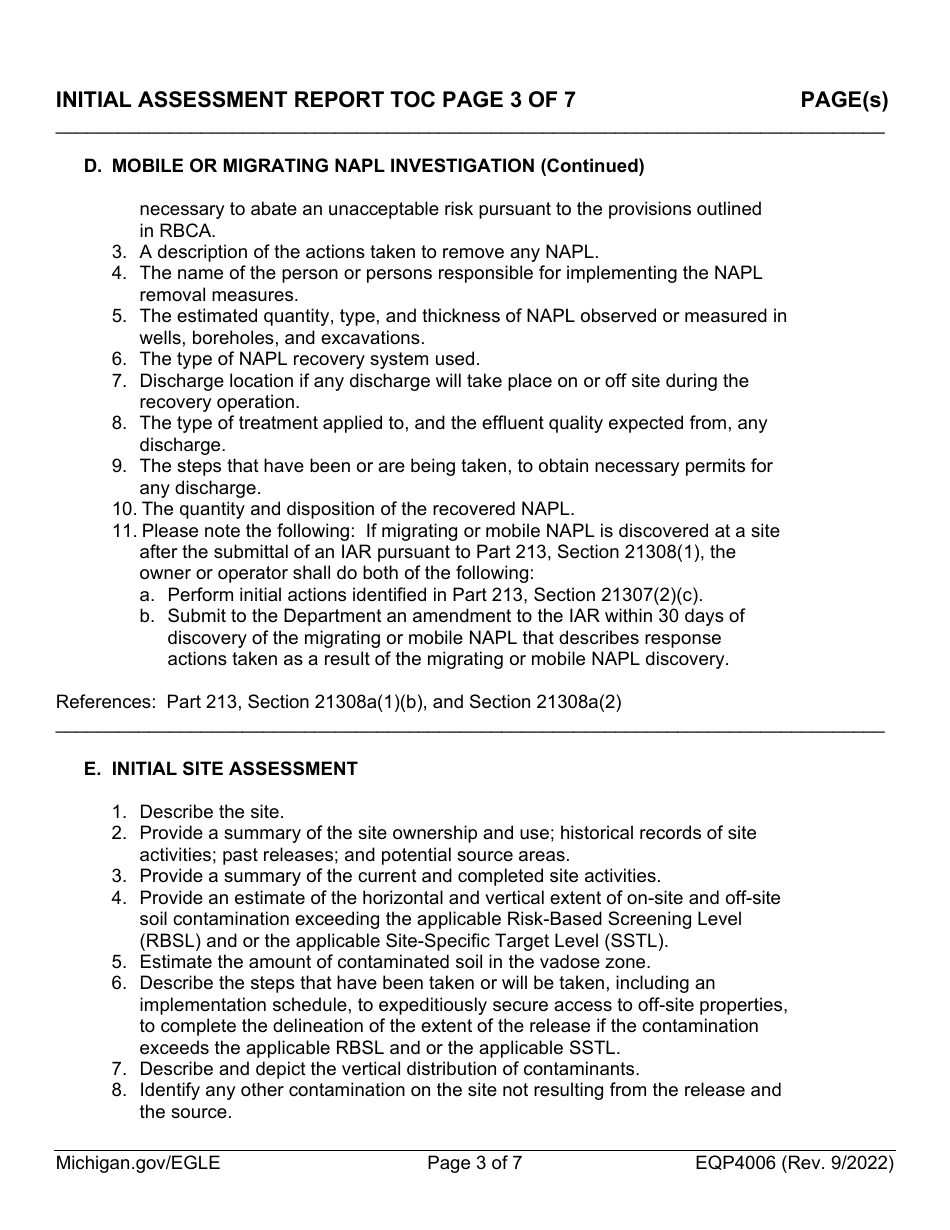 Form EQP4006 Initial Assessment Report Table of Contents Form - Michigan, Page 3