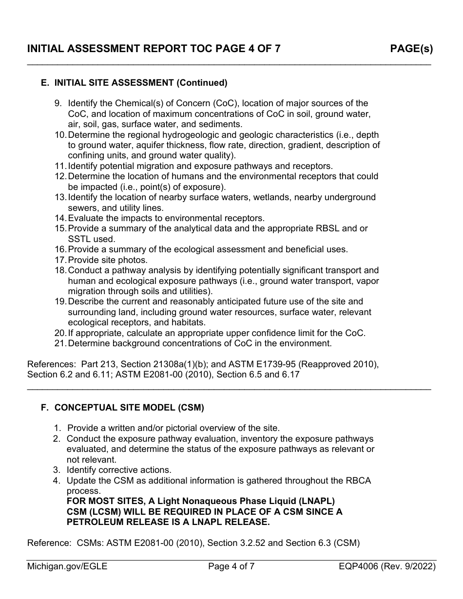 Form EQP4006 Initial Assessment Report Table of Contents Form - Michigan, Page 4