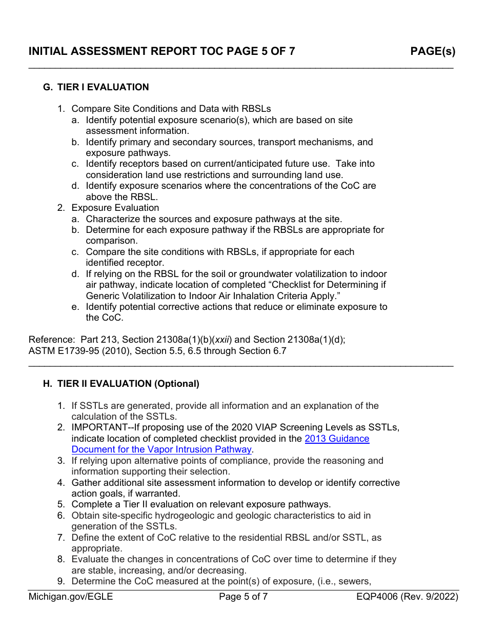 Form EQP4006 Initial Assessment Report Table of Contents Form - Michigan, Page 5