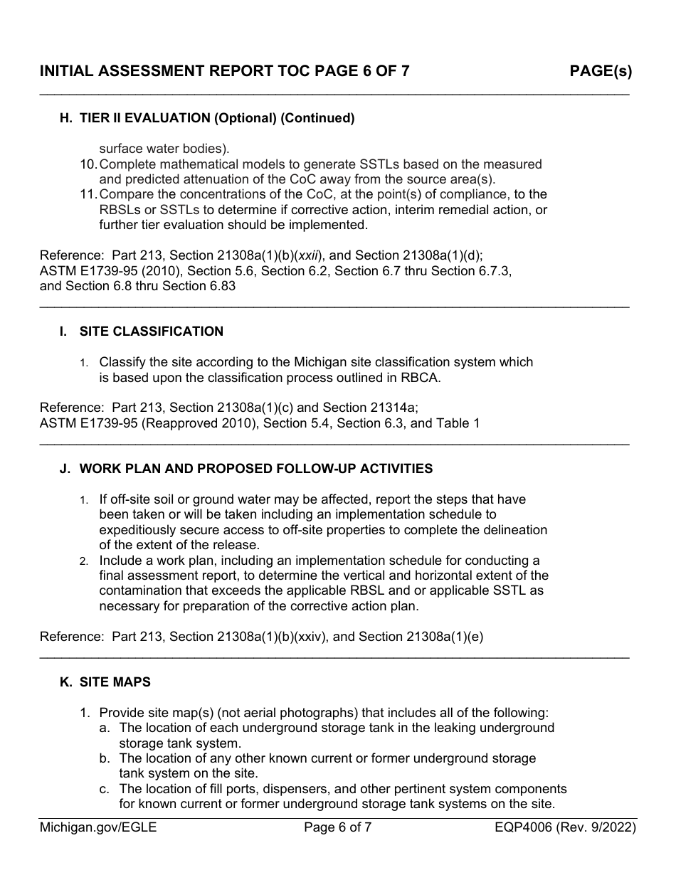 Form EQP4006 Initial Assessment Report Table of Contents Form - Michigan, Page 6