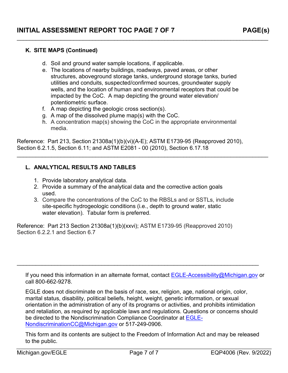 Form EQP4006 Initial Assessment Report Table of Contents Form - Michigan, Page 7
