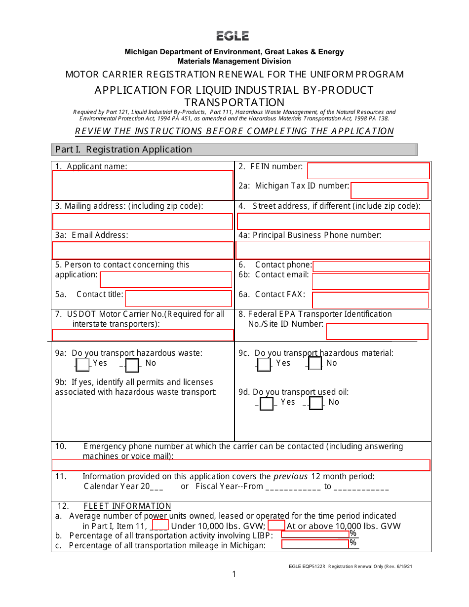 Form EQP5122R Application for Liquid Industrial by-Product Transportation - Motor Carrier Registration Renewal for the Uniform Program - Michigan, Page 1