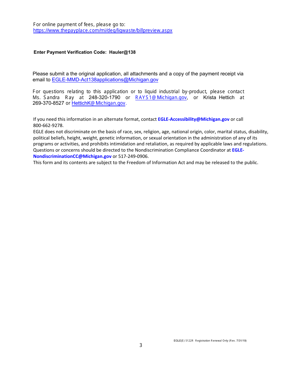 Form EQP5122R Application for Liquid Industrial by-Product Transportation - Motor Carrier Registration Renewal for the Uniform Program - Michigan, Page 3