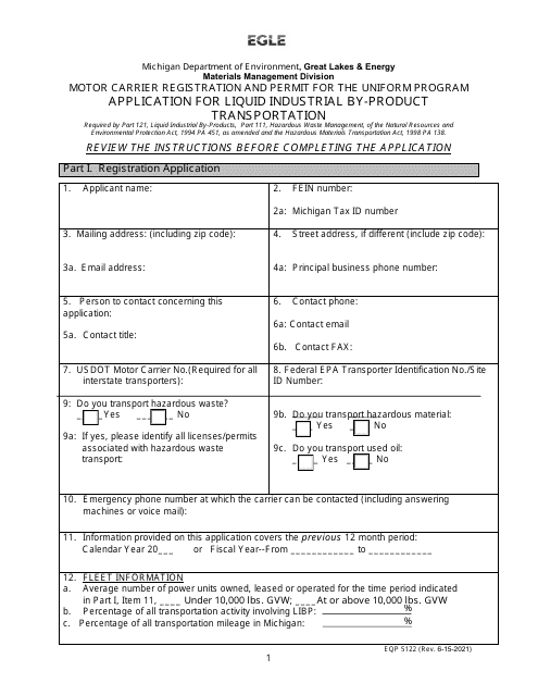 Form EQP5122 Application for Liquid Industrial by-Product Transportation - Motor Carrier Registration and Permit for the Uniform Program - Michigan