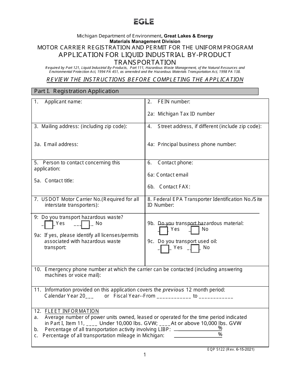 Form EQP5122 Application for Liquid Industrial by-Product Transportation - Motor Carrier Registration and Permit for the Uniform Program - Michigan, Page 1