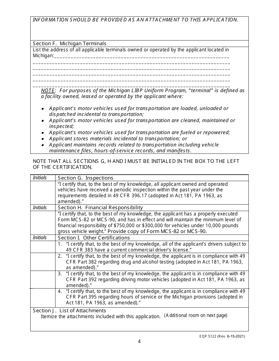 Form EQP5122 Application for Liquid Industrial by-Product Transportation - Motor Carrier Registration and Permit for the Uniform Program - Michigan, Page 4