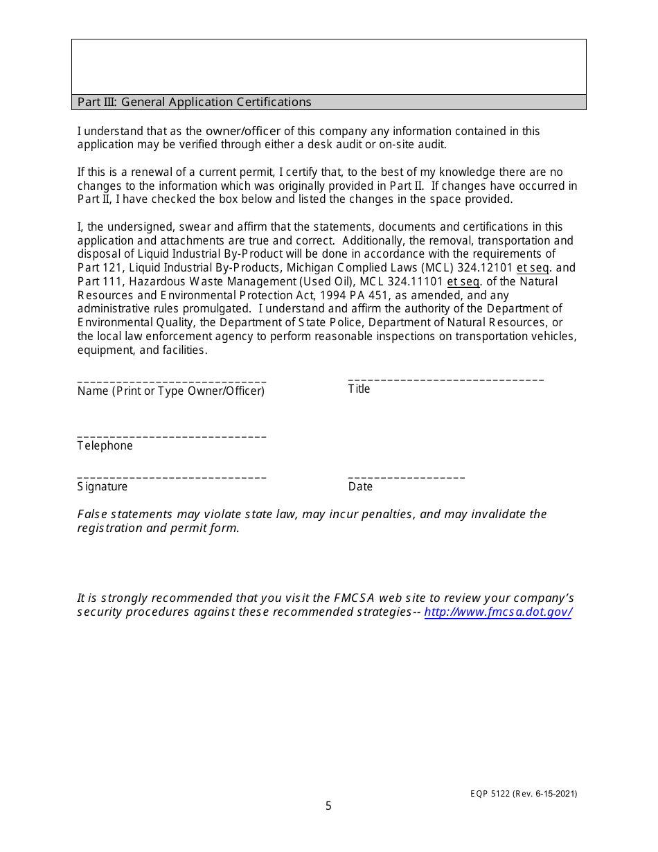 Form EQP5122 Application for Liquid Industrial by-Product Transportation - Motor Carrier Registration and Permit for the Uniform Program - Michigan, Page 5