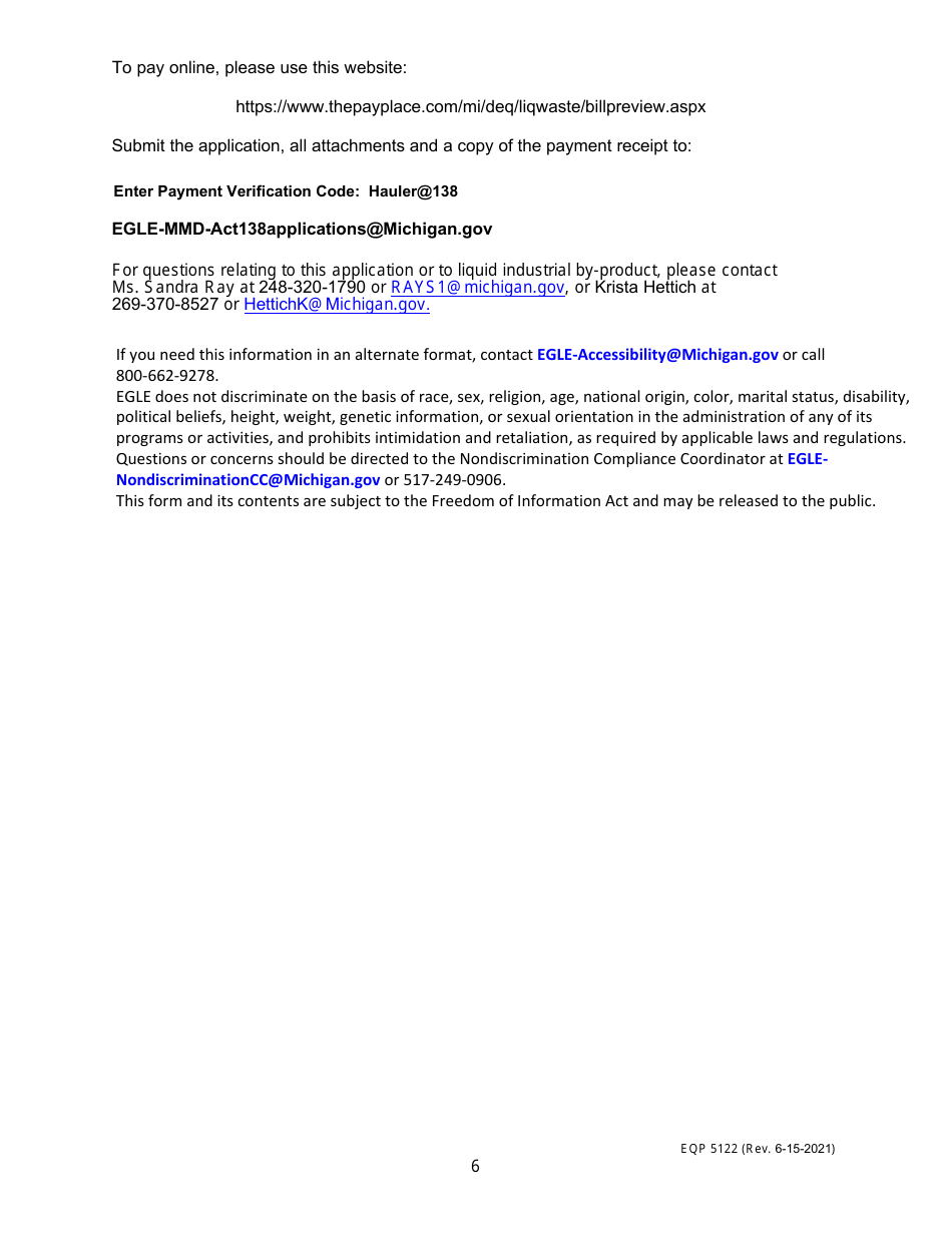 Form EQP5122 Application for Liquid Industrial by-Product Transportation - Motor Carrier Registration and Permit for the Uniform Program - Michigan, Page 6