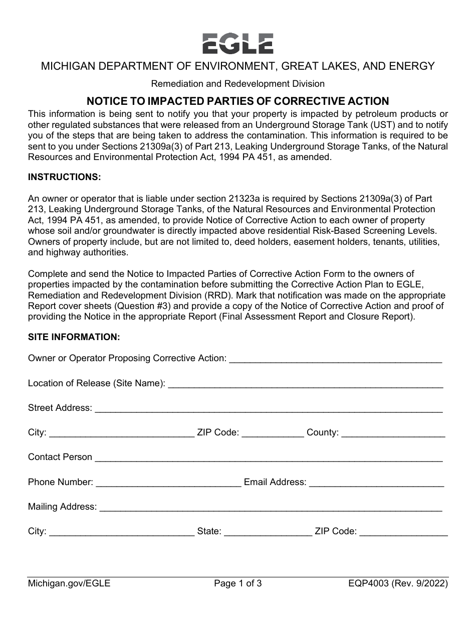 Form EQP4003 Notice to Impacted Parties of Corrective Action - Michigan, Page 1