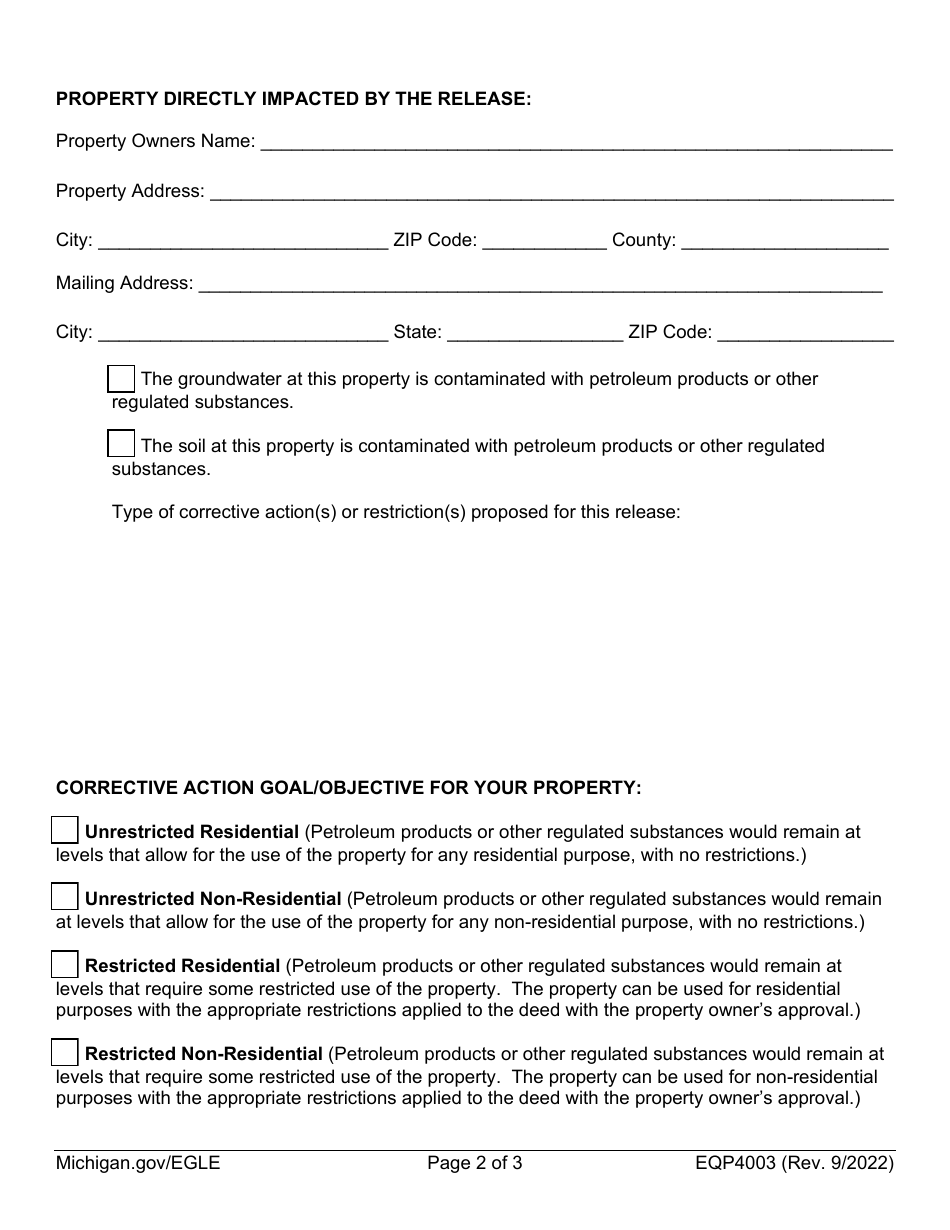 Form EQP4003 Notice to Impacted Parties of Corrective Action - Michigan, Page 2