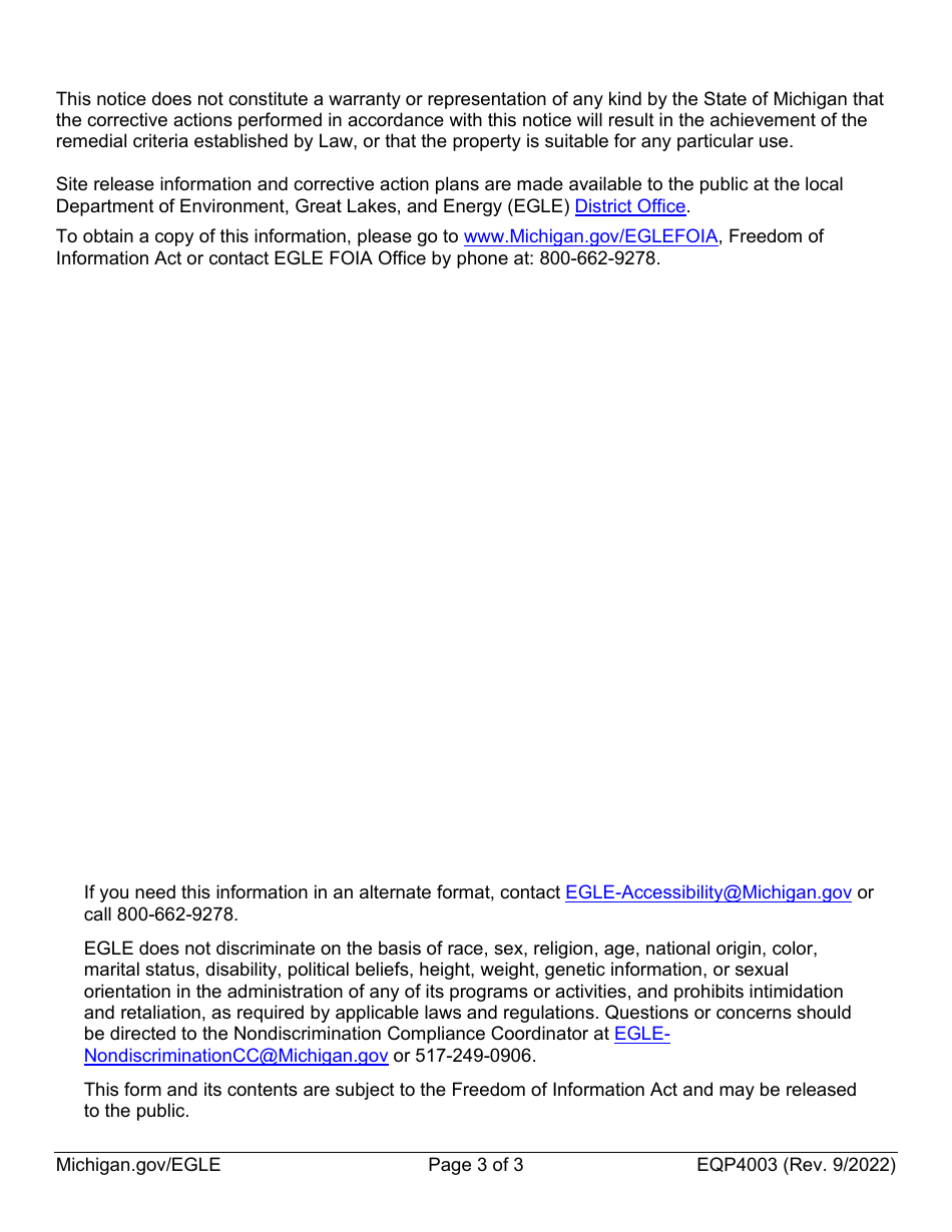 Form EQP4003 Notice to Impacted Parties of Corrective Action - Michigan, Page 3