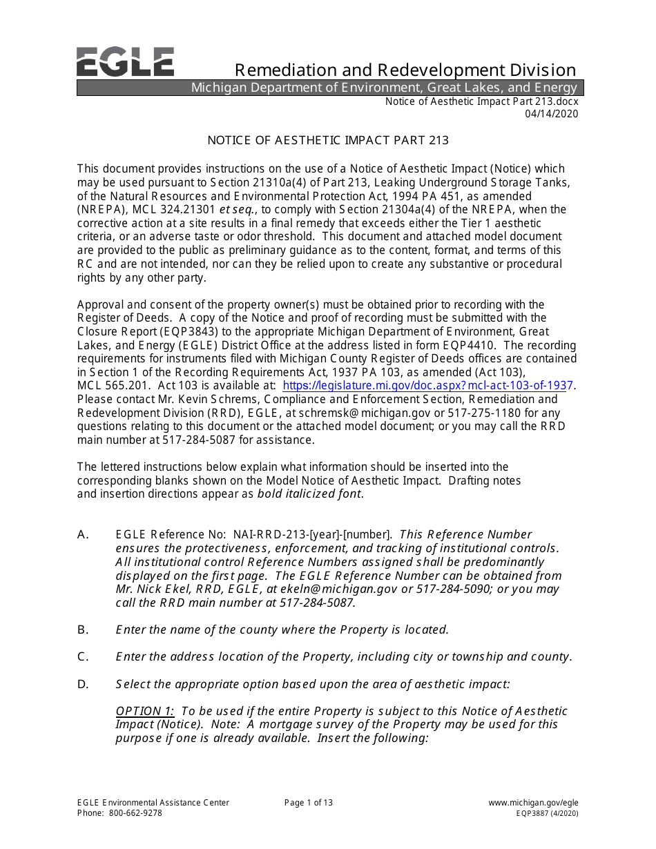 Form EQP3887 Notice of Aesthetic Impact - Part 213 - Michigan, Page 1