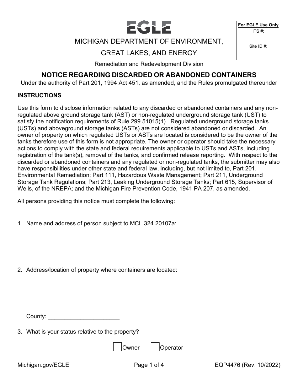 Form EQP4476 Notice Regarding Discarded or Abandoned Containers - Michigan, Page 1