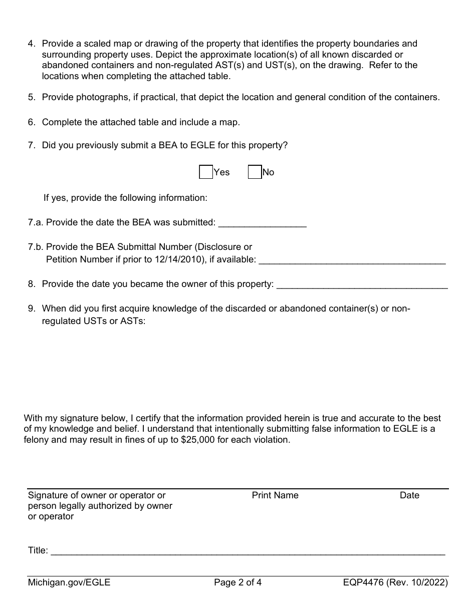 Form EQP4476 Notice Regarding Discarded or Abandoned Containers - Michigan, Page 2