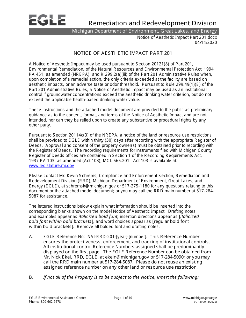 Form EQP3900 Notice of Aesthetic Impact - Part 201 - Michigan, Page 1