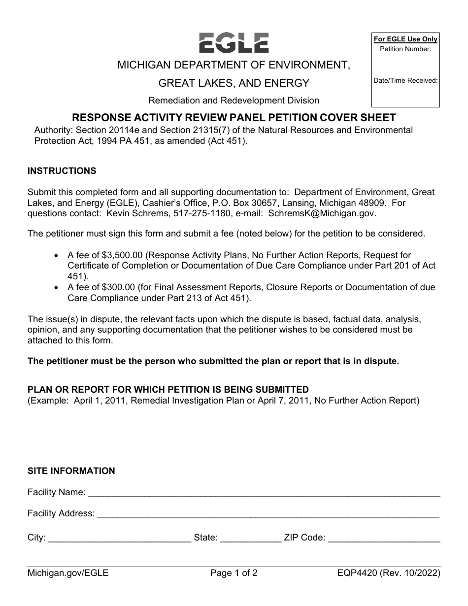 Form EQP4420 Response Activity Review Panel Petition Cover Sheet - Michigan, Page 1