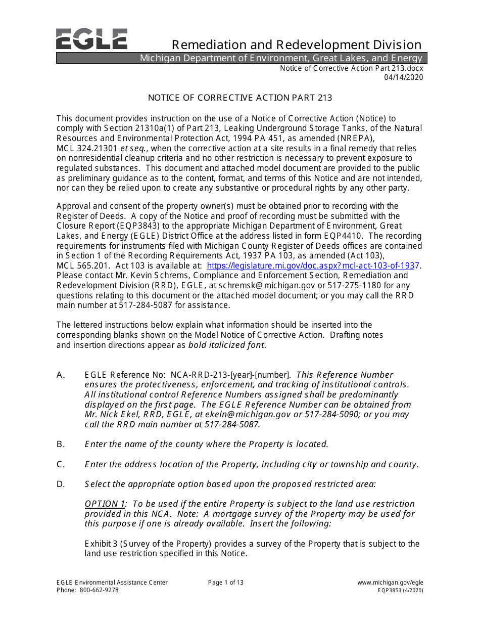 Form EQP3853 Notice of Corrective Action - Part 213 - Michigan, Page 1