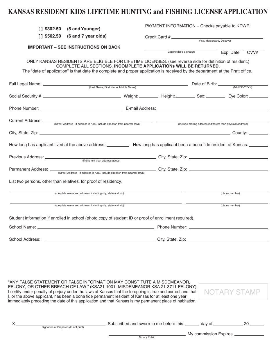 Kansas Resident Kids Lifetime Hunting and Fishing License Application - Kansas, Page 1