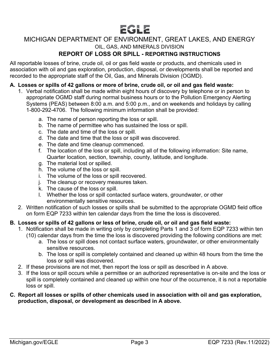 Form EQP7233 Report of Loss or Spill - Michigan, Page 3